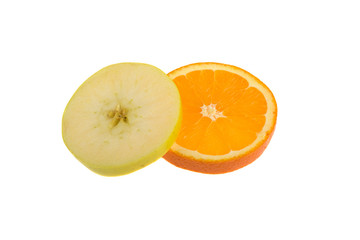 slices of green apple and orange isolated on white background