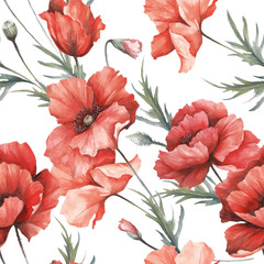 Delicate seamless pattern with poppies. Watercolor  illustration. - 194747825