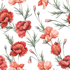 Delicate seamless pattern with poppies. Watercolor  illustration.