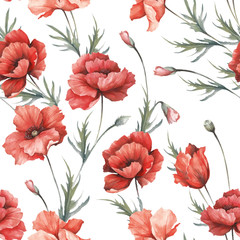 Delicate seamless pattern with poppies. Watercolor  illustration. - 194747852