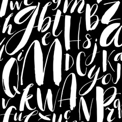 Handwritten calligraphic font seamless background. Modern brush lettering. Hand drawn vector alphabet.