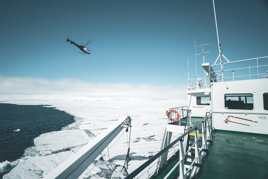 Helicopter flying over Ship - Antarctica