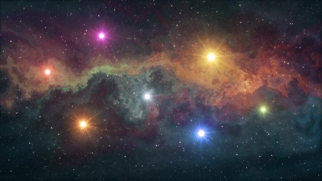 seven rainbow colored stars flickering shine in soft moving nebula night sky animation background new quality nature scenic cool colorful nice light video footage