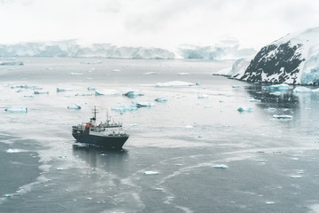 Panorama of Expedition Vessel in the Bay - Antarctica