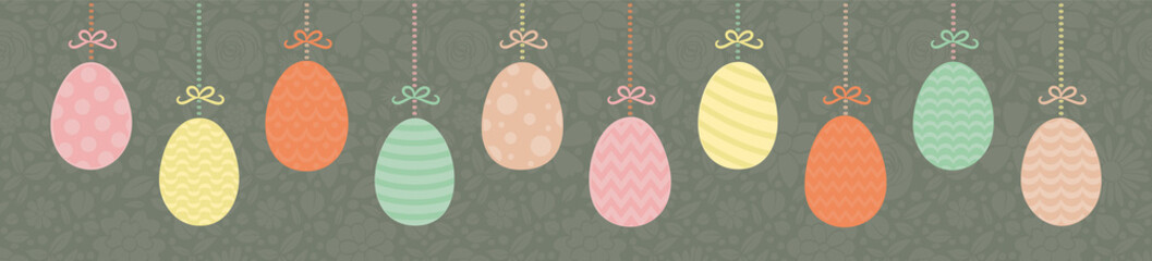 Concept of a banner for Easter with hanging hand drawn eggs. Vector.