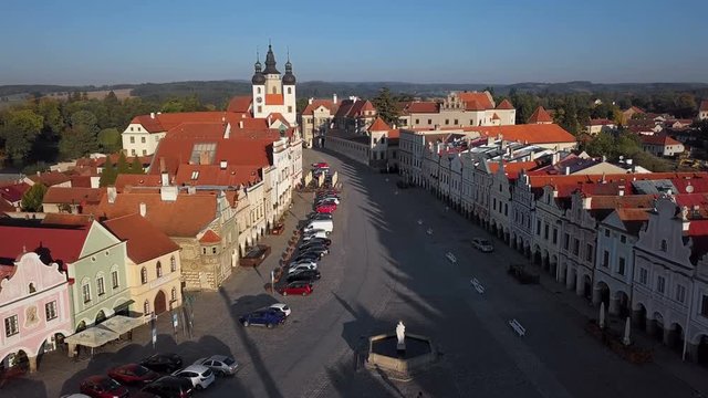 Flight over old town Telc, southern Moravia, Czech Republic.