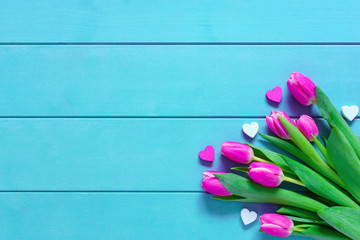 Pink colorful tulips over a blue background, in a flat lay composition with copy space