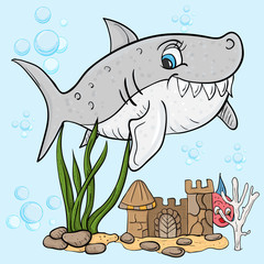 Naklejka premium childrens illustration of the fish is a big gray shark