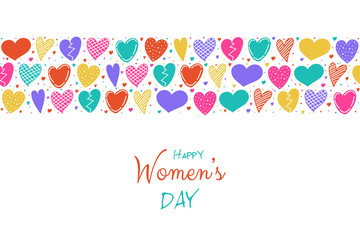 Happy Women's Day - colorful card with sketch hearts. Vector.