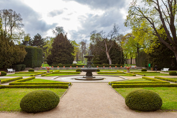PRAGUE, CZECH REPUBLIC - APRIL, 25, 2017: The Singing Fountain in Kralovska Zahrada the Royal Gardens park in Hradcany. Luxury park style.
