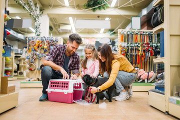 Family buying supplies for little puppy in petshop