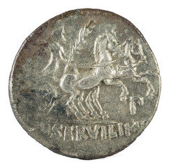 Roman Republic Coin. Ancient Roman silver denarius of the family Servilia. Reverse.