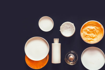 body care. cream, balm, milk, perfume. female set. view from above