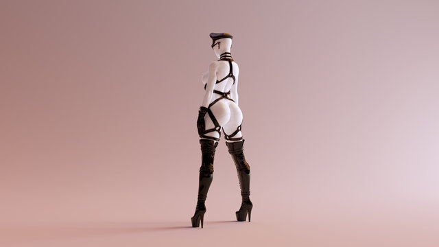 Sexy White Abstract Woman in Thigh High Boots Cap Gloves Glasses and BDSM Gear 3d illustration