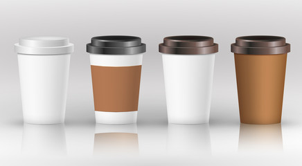 Coffee paper cup set with label. Brown plastic container for drink. Latte, mocha or cappuccino cup for cafe. Vector cover