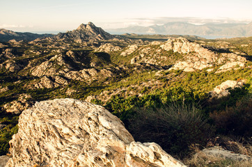 Mountains in Corsisca, France, during the sunset in the summer season