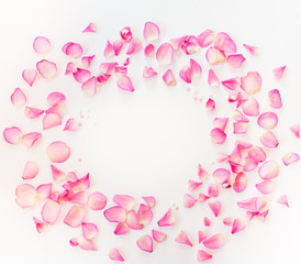 A frame on white background with pink rose petals and sugar stars. Square, copy space.