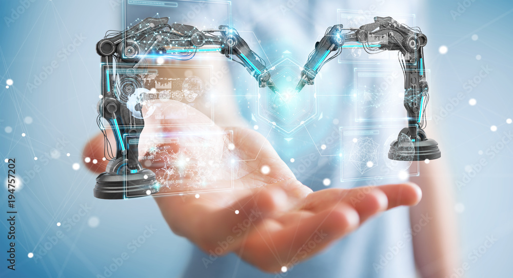 Poster businessman using robotics arms with digital screen 3d rendering