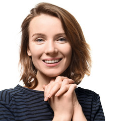 Fototapeta premium Portrait of smiling woman on white background