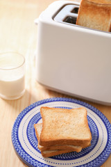 Plate with tasty toasted bread on table