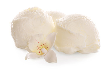 Balls of delicious vanilla ice cream on white background