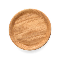 Wooden plate on white background. Handcrafted cooking utensils