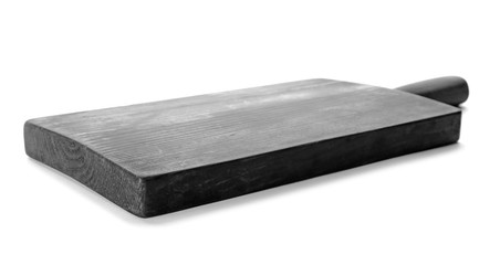 Wooden board on white background. Handcrafted cooking utensils
