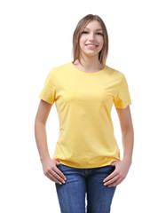 Obraz premium Young woman in stylish t-shirt on white background. Mockup for design