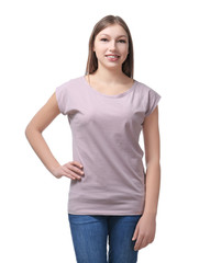 Young woman in stylish t-shirt on white background. Mockup for design