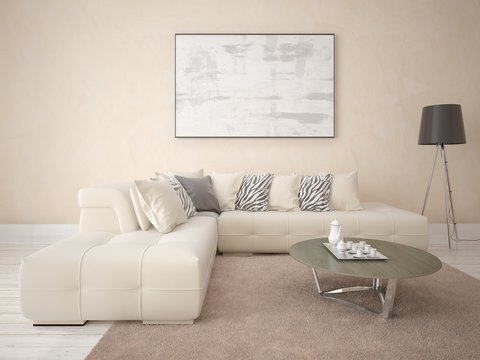 Mock up a bright living room with a trendy beige sofa against the backdrop of decorative plaster.