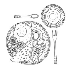 Hand drawn breakfast. Egg, toast, tomato, basil and coffee. Sketch for anti-stress adult coloring book in zen-tangle style. Vector illustration for coloring page.