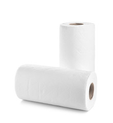 Rolls of paper towels on white background