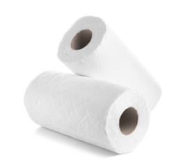 Rolls of paper towels on white background