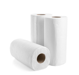 Rolls of paper towels on white background