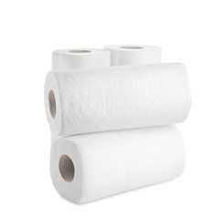 Rolls of paper towels on white background