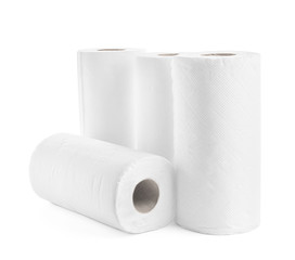 Rolls of paper towels on white background