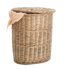 Laundry basket with dirty towel on white background