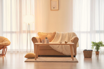 Living room interior with comfortable sofa and elegant lamp