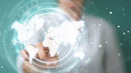 Businesswoman using digital world map interface 3D rendering