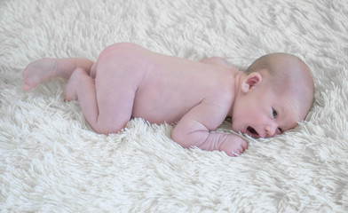 Newborn baby boy lying on his stomach on a soft blanket