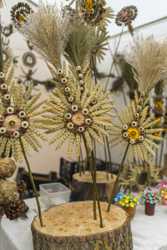 Traditional Lithuanian Easter palms, known as verbos, sold at the Easter market in Vilnius. The annual traditional crafts fair of Lithuania is held every month on the streets of the Old Town.