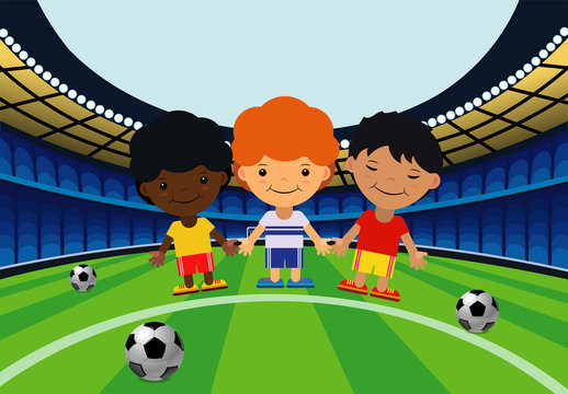 Children in the stadium play football. Vector. The cartoon. Flat style.