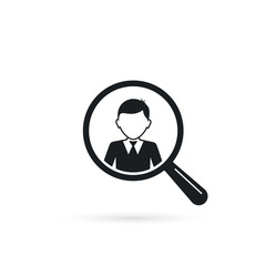 Search for employees human resource icon. Looking for worker. Search man vector icon. Magnifying glass with man. Vector