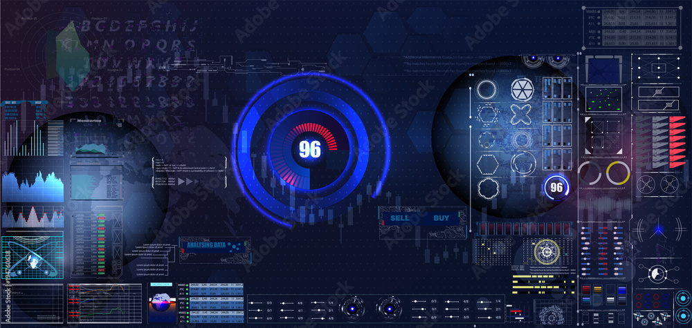 Poster futuristic interface hud design, infographic elements like scanning graph or waves, warning arrow an