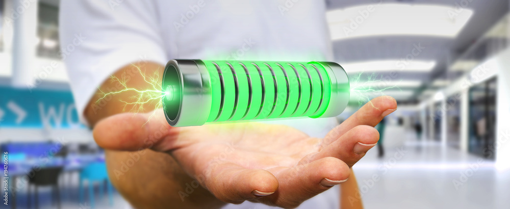 Aufkleber businessman using green battery with lightnings 3d rendering