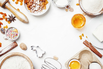 Easter baking ingredients, white food background, top view - obrazy, fototapety, plakaty