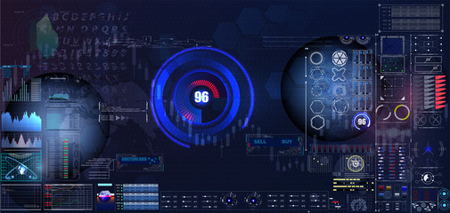 Futuristic interface hud design, infographic elements like scanning graph or waves, warning arrow and bar regulator, fingerprint or dactylogram pass, molecule hologram