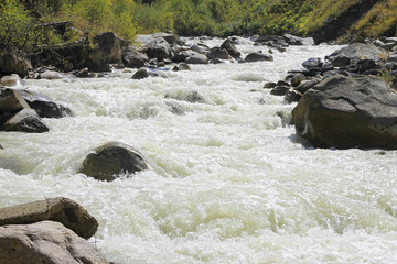 Wild mountain river flowing in the canyon