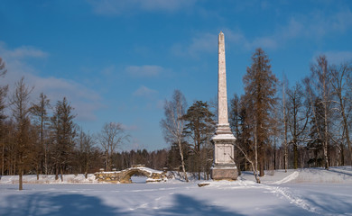 Chesma obelisk in Gatchina Park. Sunny winter's day.