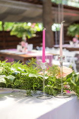 Decoration for a wedding ceremony on a back yard with tables, plates, and vases full of anthurium flowers and monstera leafs. Pink and green colors. Space for text